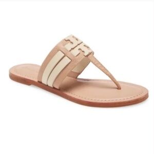 Tory Burch Leigh Leather Sandal Nude Ivory Flat Thong Slide | Size 10